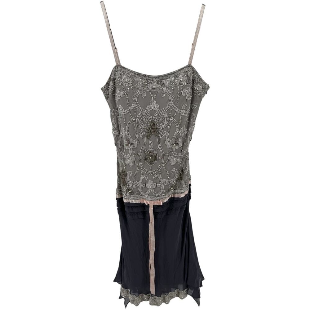 Vintage Cache Dress 100% Silk Knee Beaded Embellished Bow Cami Gray Purple 4